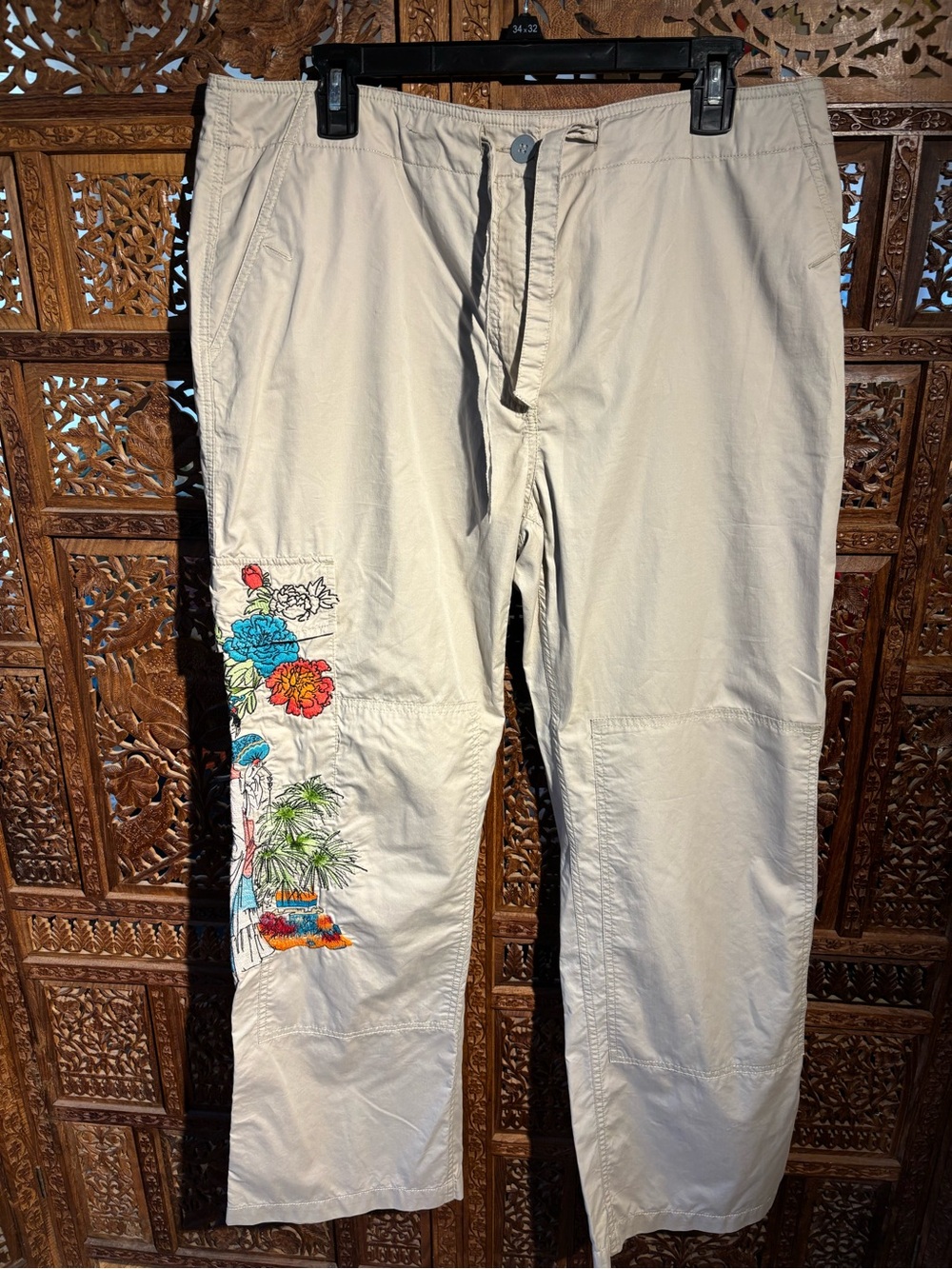 Chico's Beige Khaki Pants with Colorful Floral Embroidery